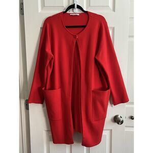 BETTY BARCLAY Bright Red Longline Big Pockets Knit Sweater Cardigan